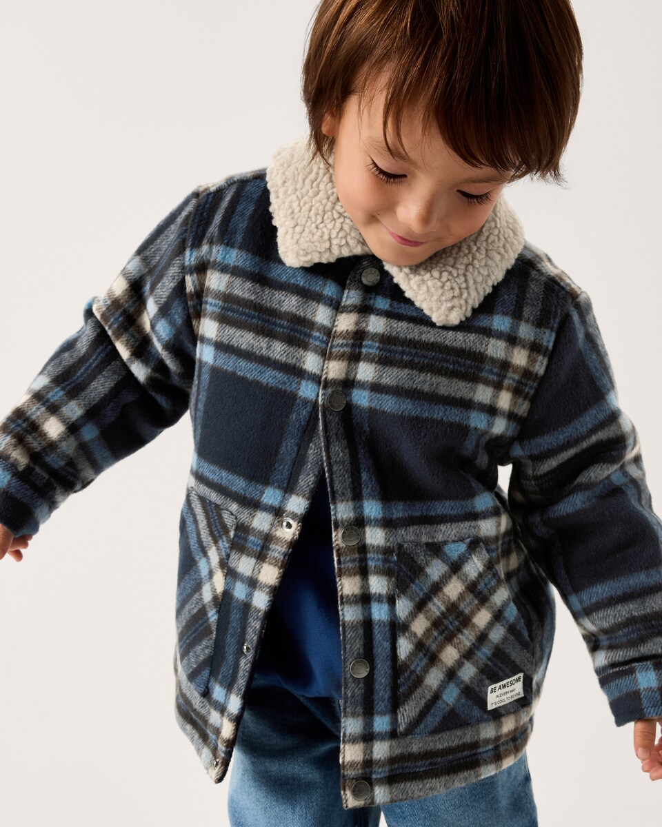 image 1 of F&F Boys Checked Borg Jacket in Navy