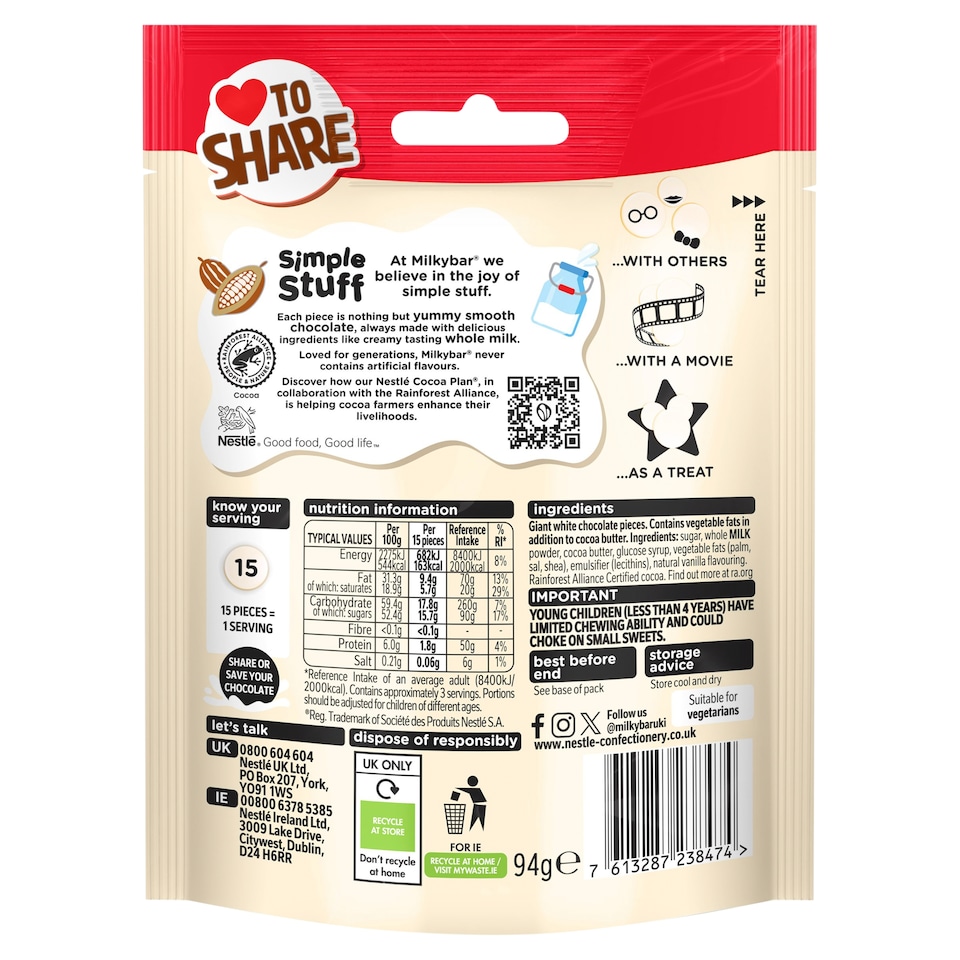 image 1 of Milkybar White Chocolate Giant Buttons Sharing Bag 94g