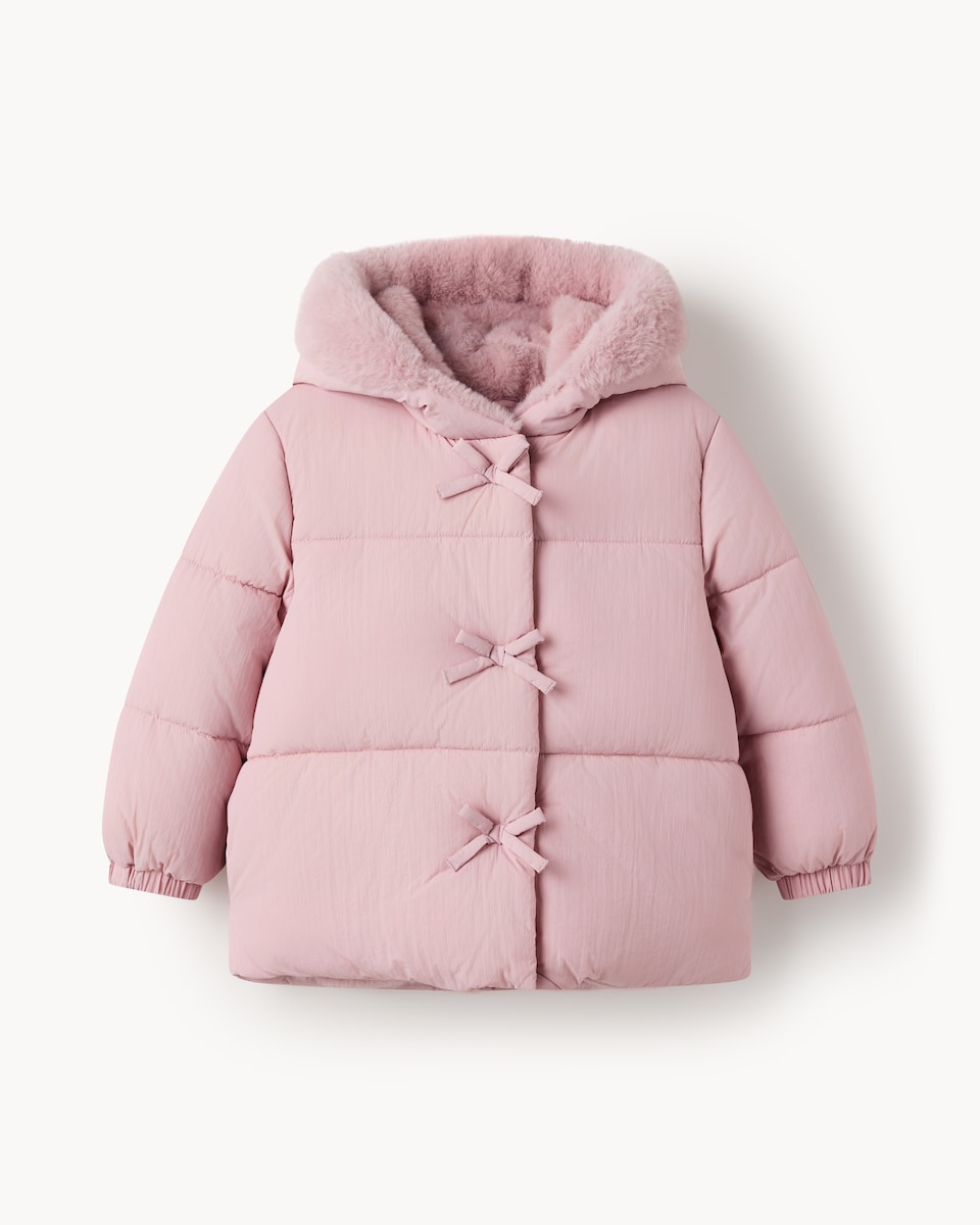 image 1 of F&F Girls Faux Fur Hood Puffer Coat in Pink
