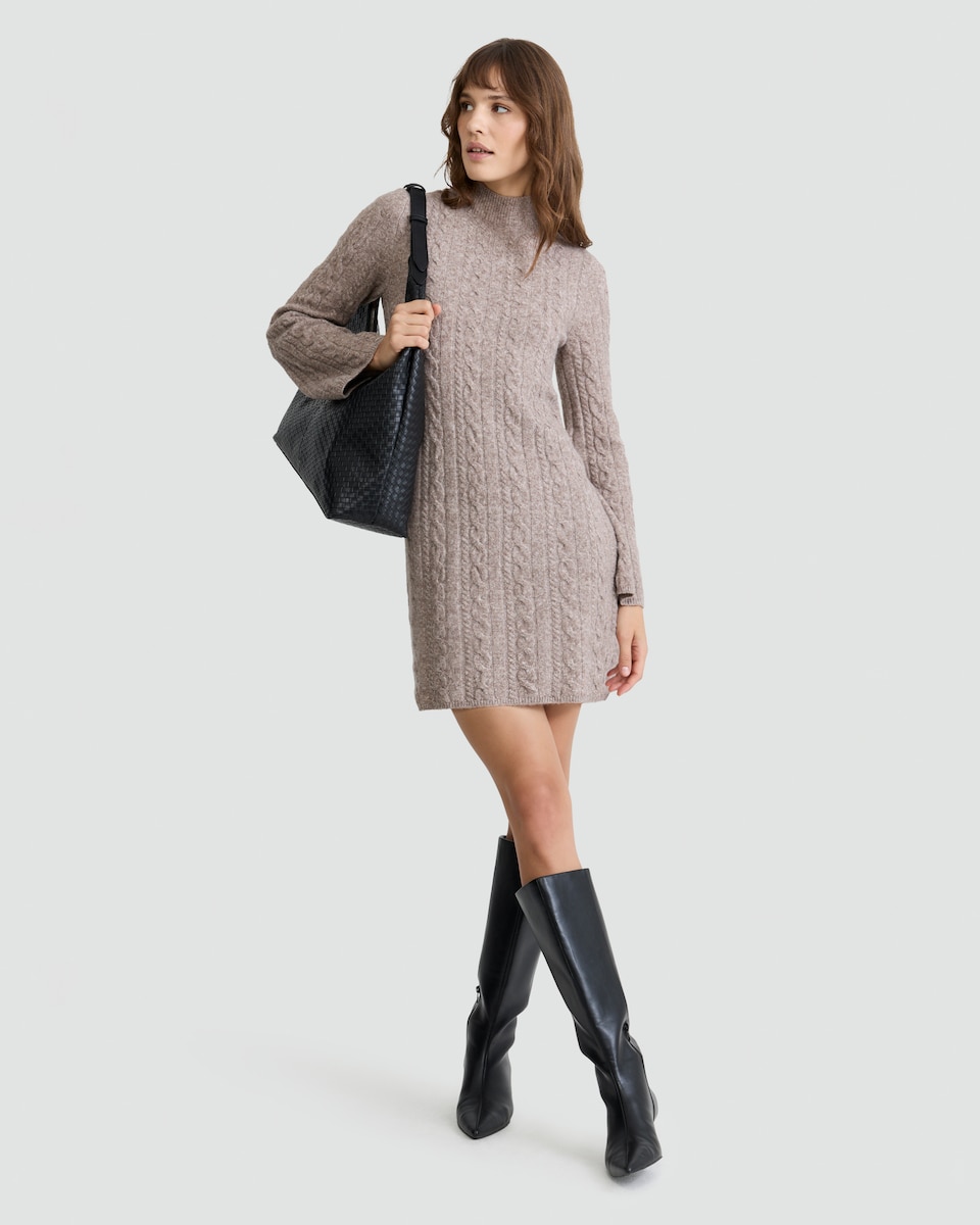 image 1 of F&F Cable Knit Fit and Flare Dress with Wool in Mink