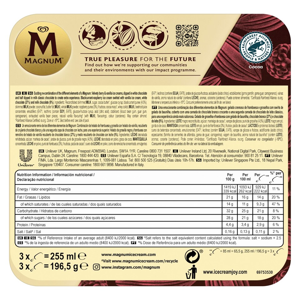 image 1 of Magnum White Chocolate & Berry Remix Ice Cream 3X85ml