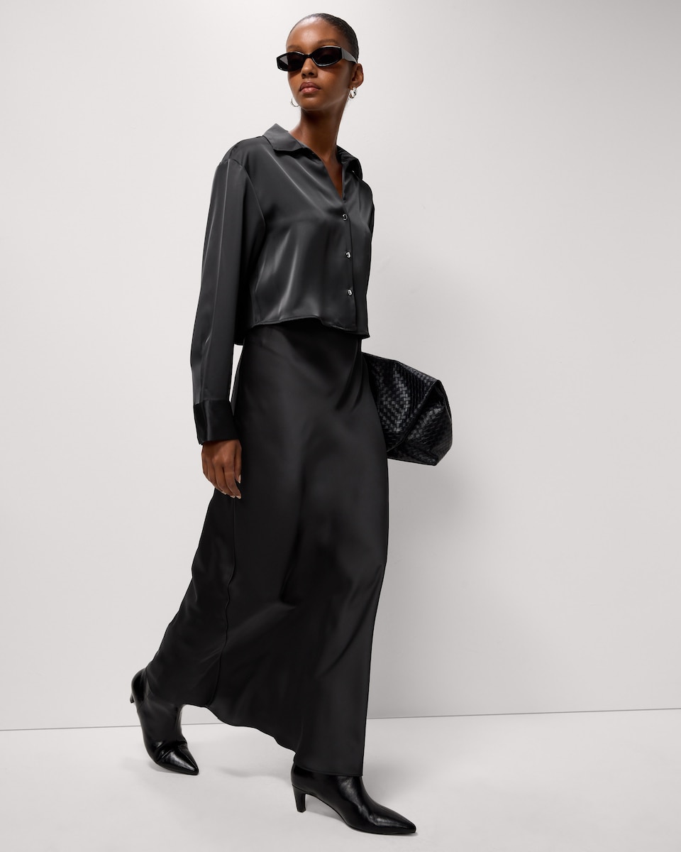 image 1 of F&F Satin Cropped Shirt in Grey
