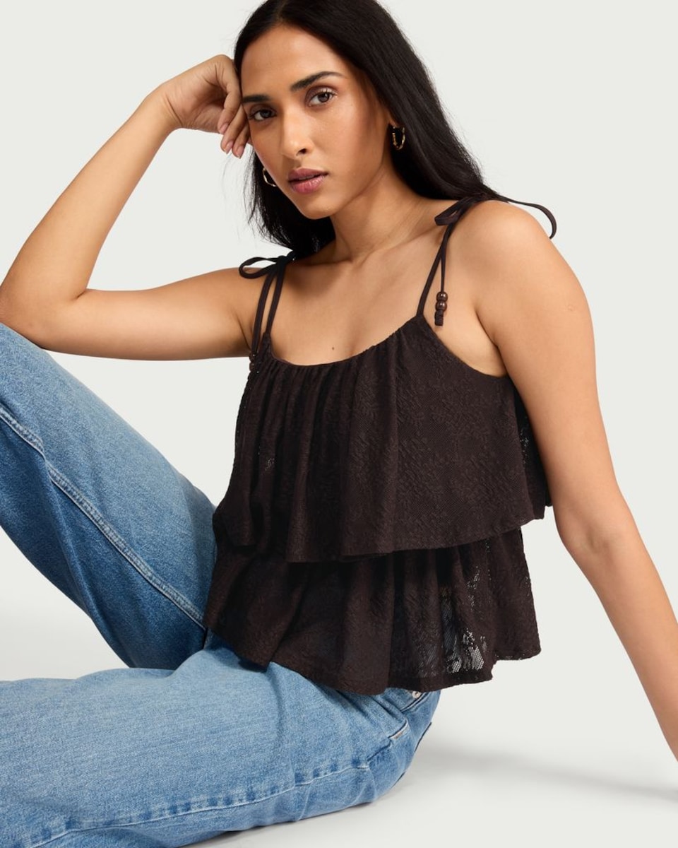 image 1 of F&F Tiered Lace Camisole in Brown