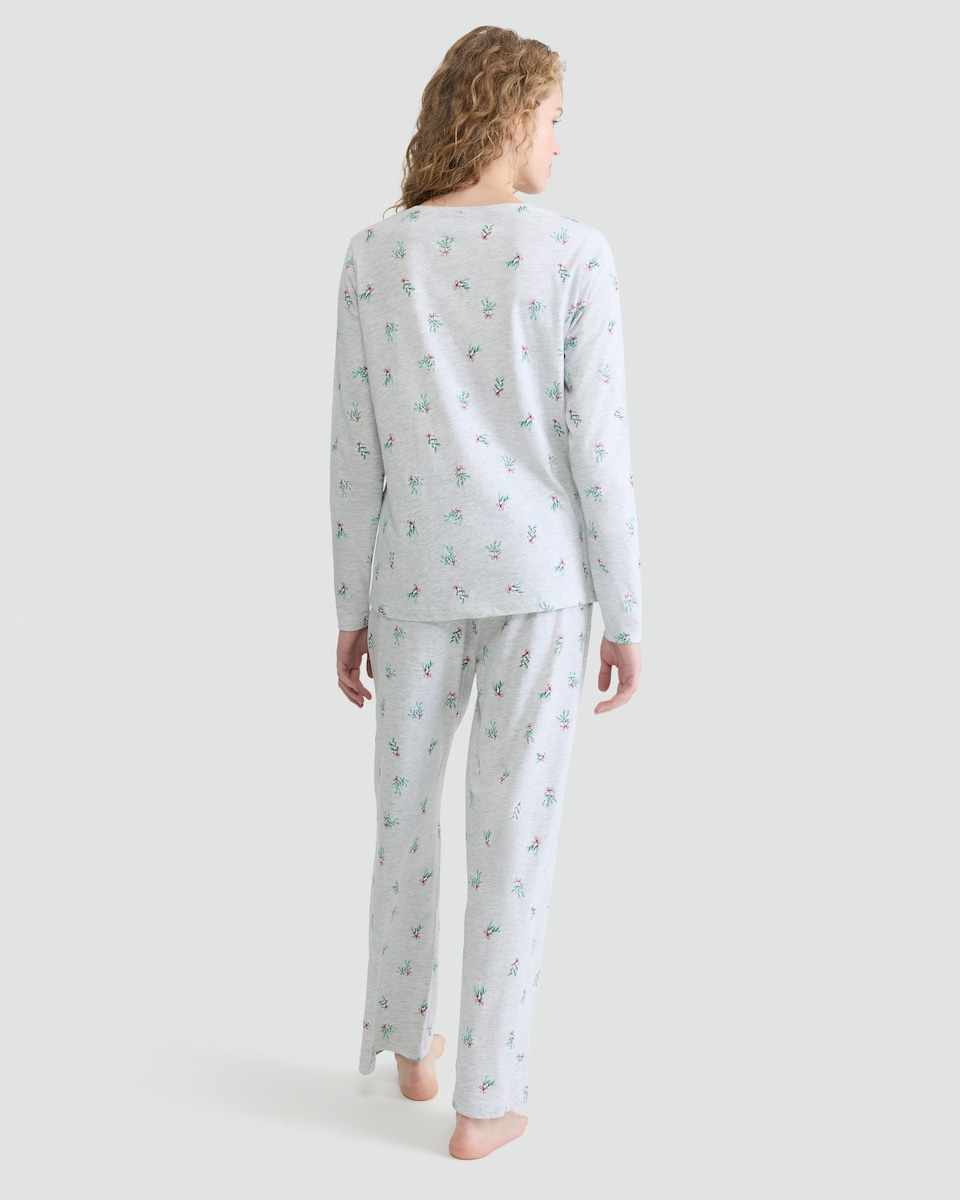 image 1 of F&F Cotton Rich Mistletoe Print Top and Bottoms PyjamasvSet in Grey