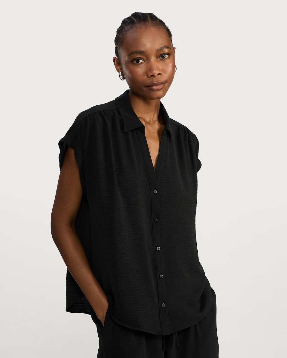 image 1 of F&F Woven Button Front Short Sleeved Blouse in Black