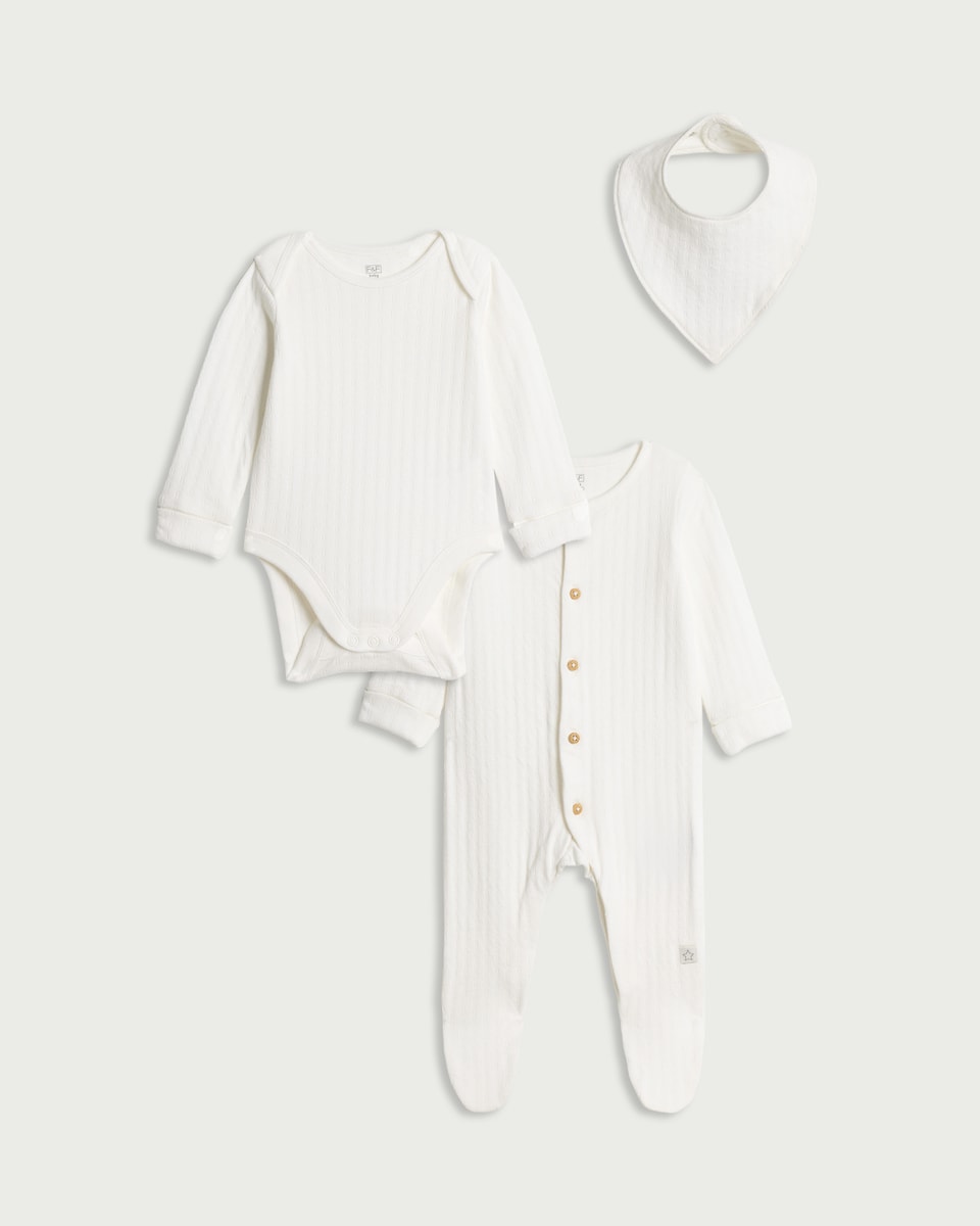 image 1 of F&F Baby 3-Piece Pure Cotton Pointelle Bodysuit, Sleepsuit and Bib Set in White