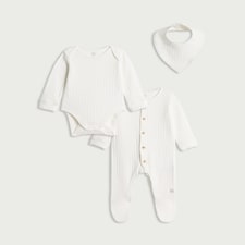 F&F Baby 3-Piece Pure Cotton Pointelle Bodysuit, Sleepsuit and Bib Set in White