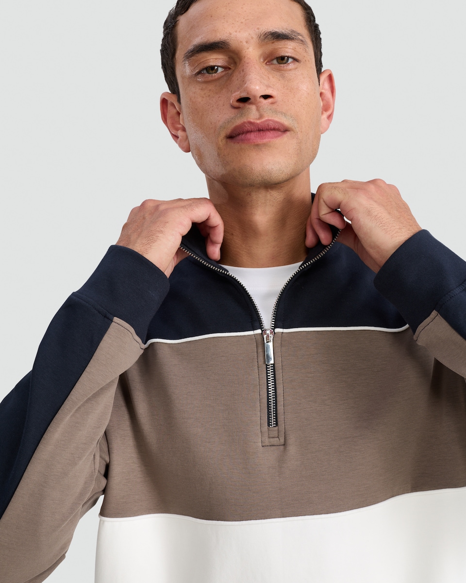 image 1 of F&F Cotton Rich Half-Zip Colour Block Sweatshirt in Navy