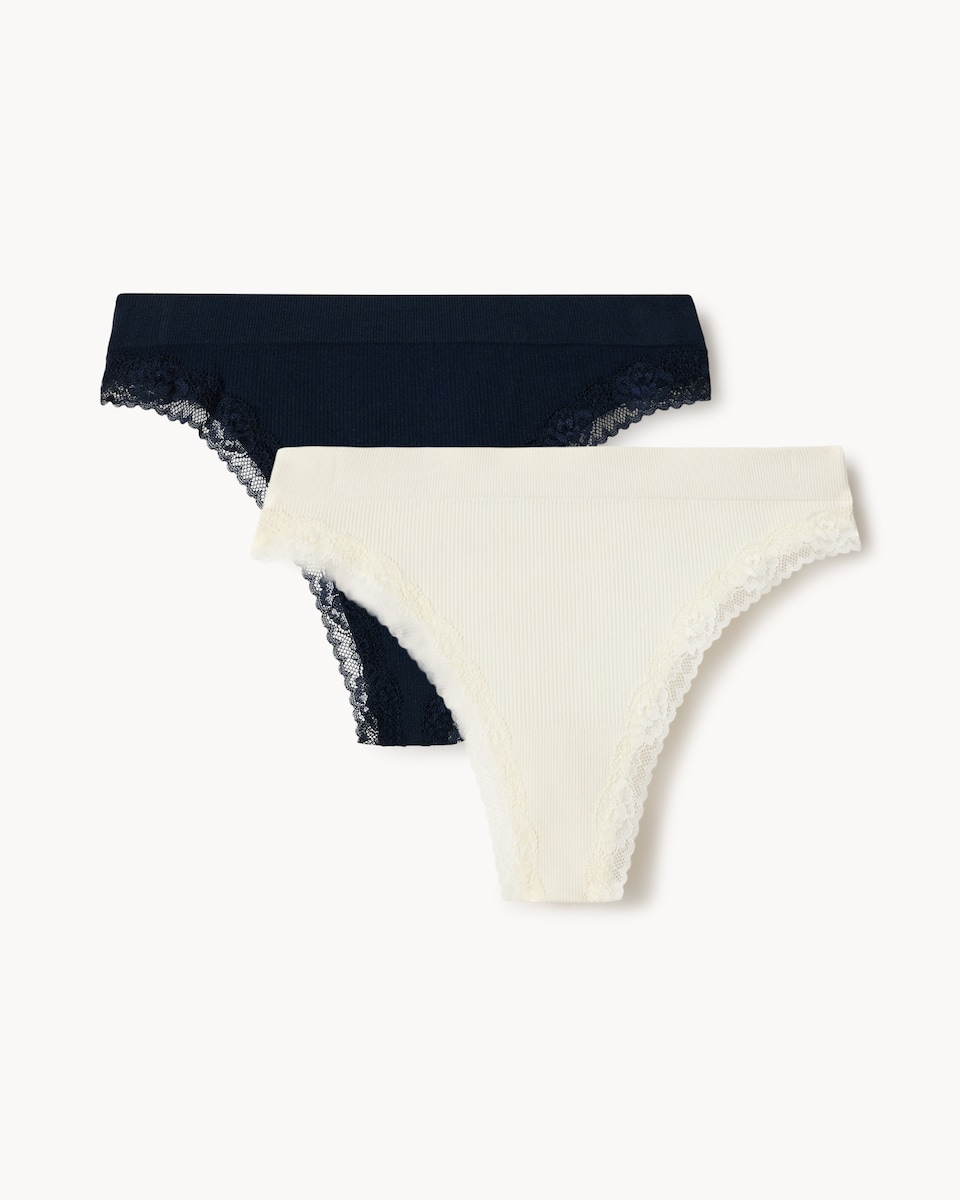 image 1 of F&F 2-Pack Ribbed Lace Trim Thongs in Multi