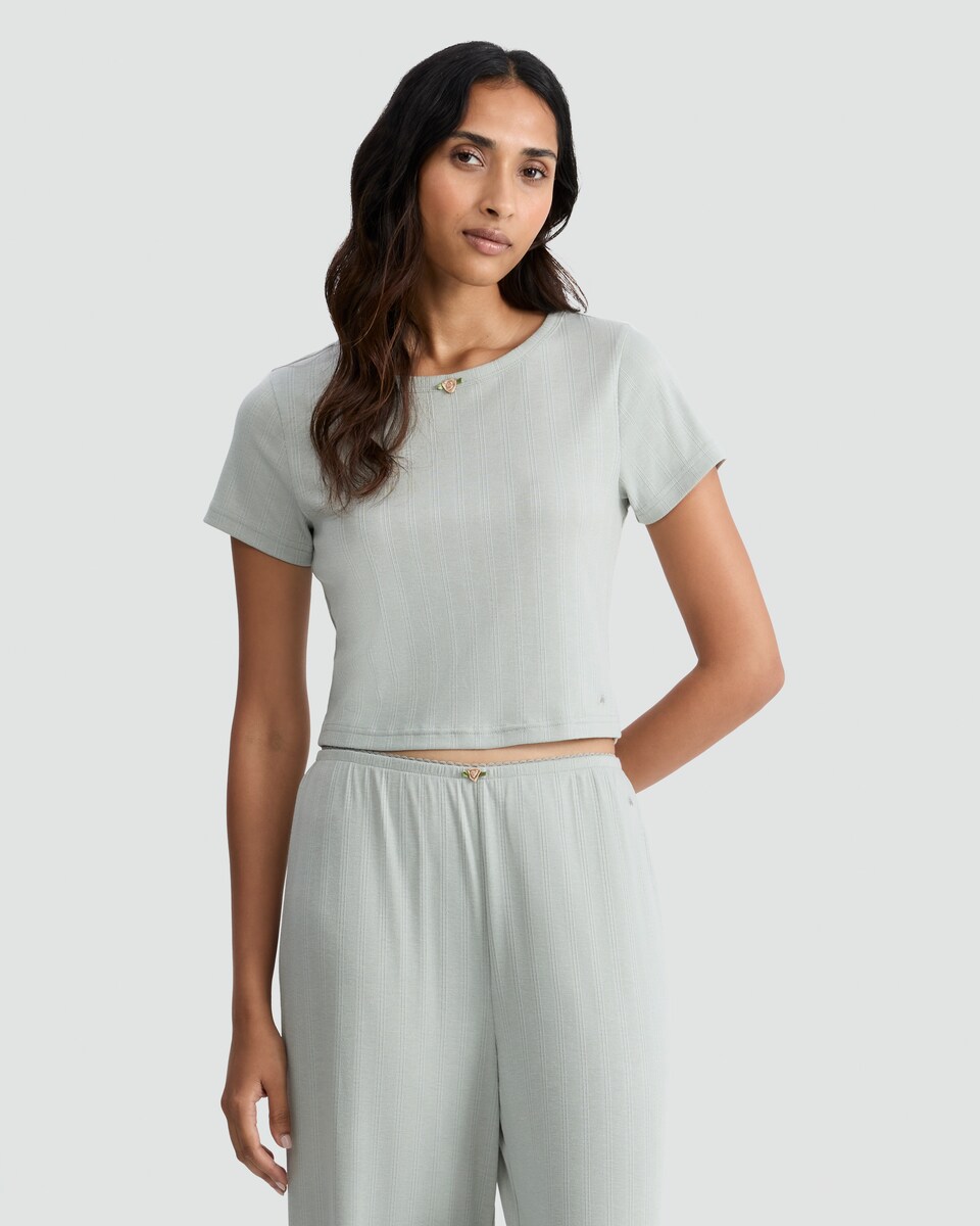 image 1 of Rise by Zara McDermott Pointelle Short Sleeved Pyjama T-Shirt in Green