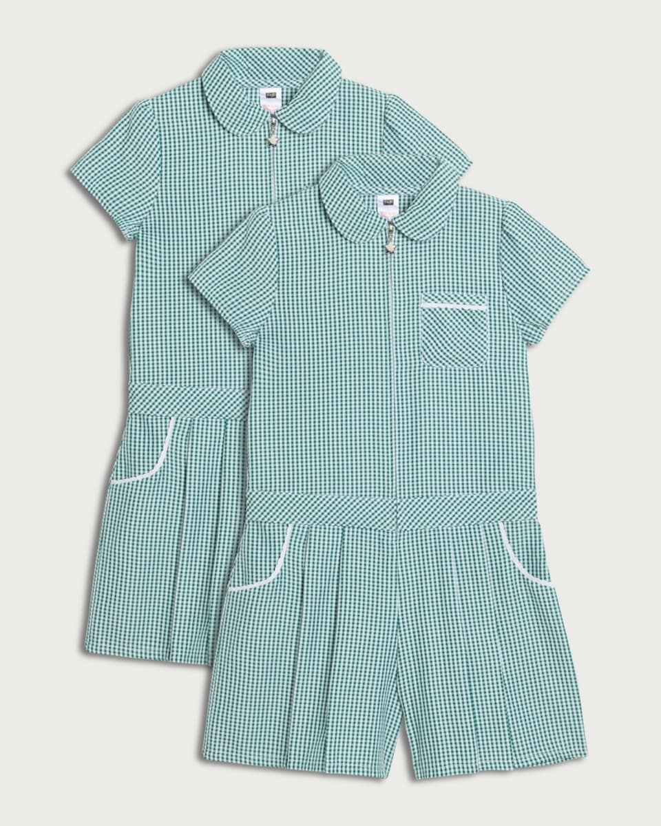 F&F School Girls 2-Pack Gingham Short Sleeved Playsuits in Green