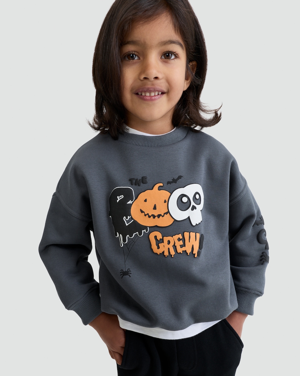 image 1 of F&F Boys Cotton Rich The Boo Crew Print Sweatshirt in Grey