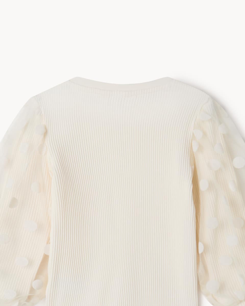 image 1 of F&F Girls Polka Dot Sleeved Ribbed Top in Cream
