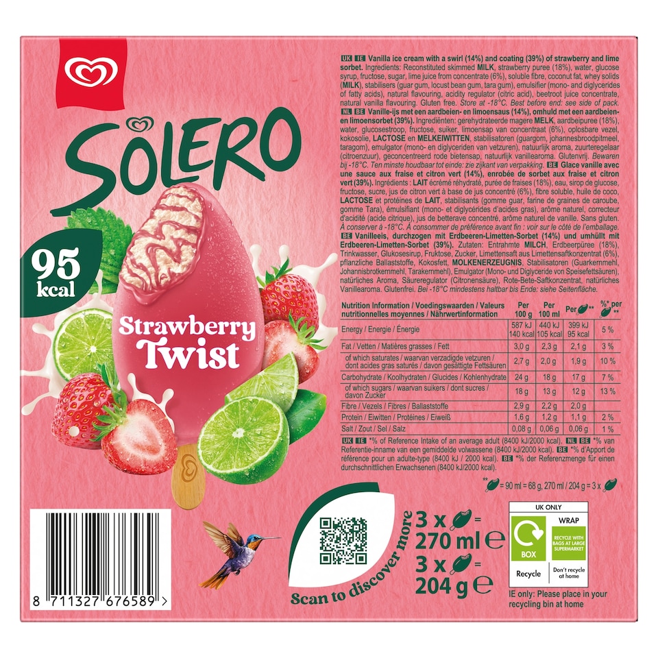 image 1 of Solero Strawberry Twist Ice Cream Lollies 3 x 90ml