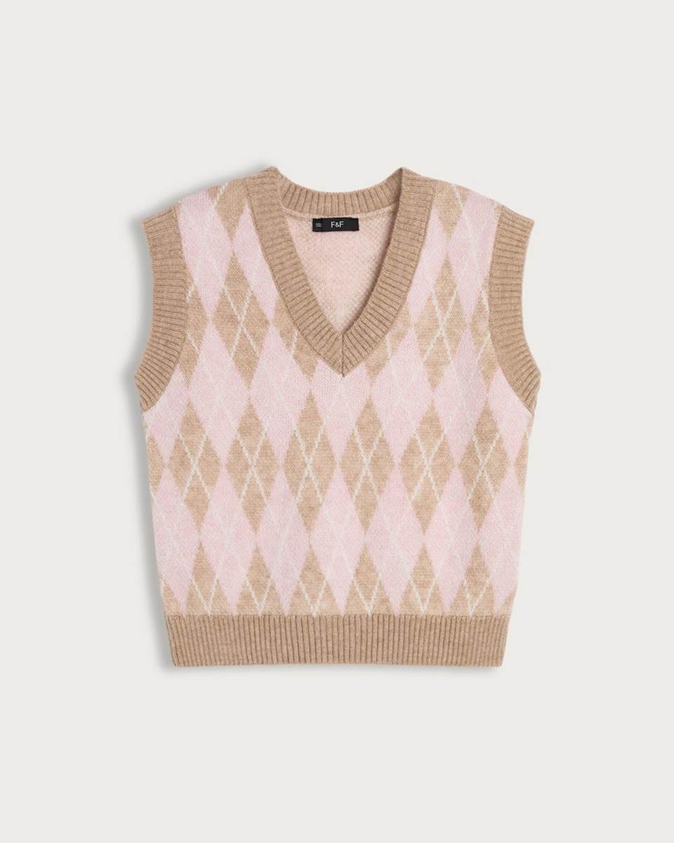 image 1 of F&F Knitted V Neck Argyle Pattern Vest in Multi