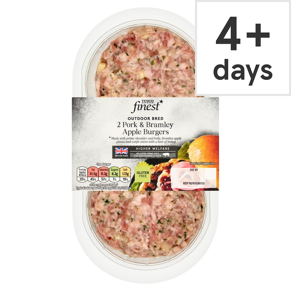 TESCO finest 2 Pork And Bramley Apple Burgers 300G