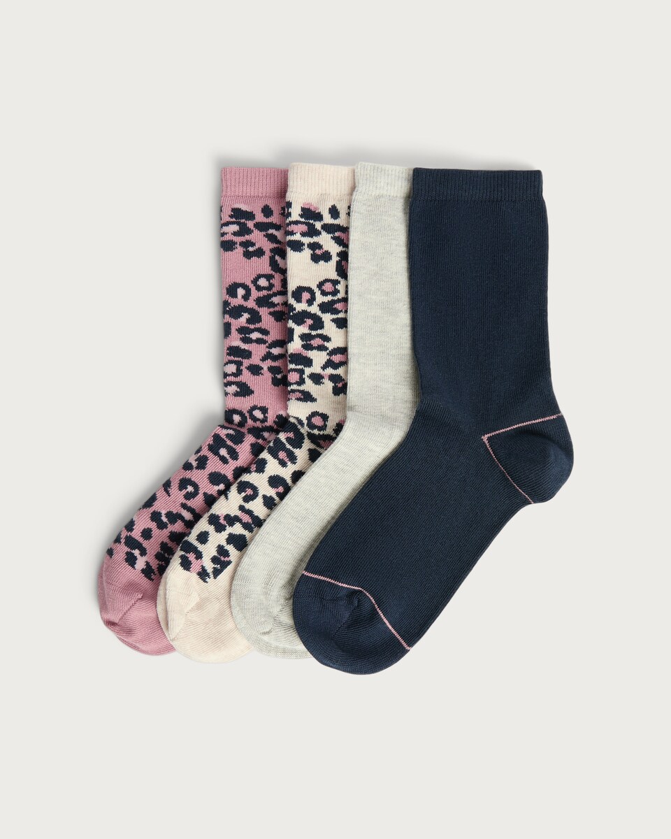 F&F 4-Pack Cotton Rich Leopard Print and Plain Ankle Socks in Multi