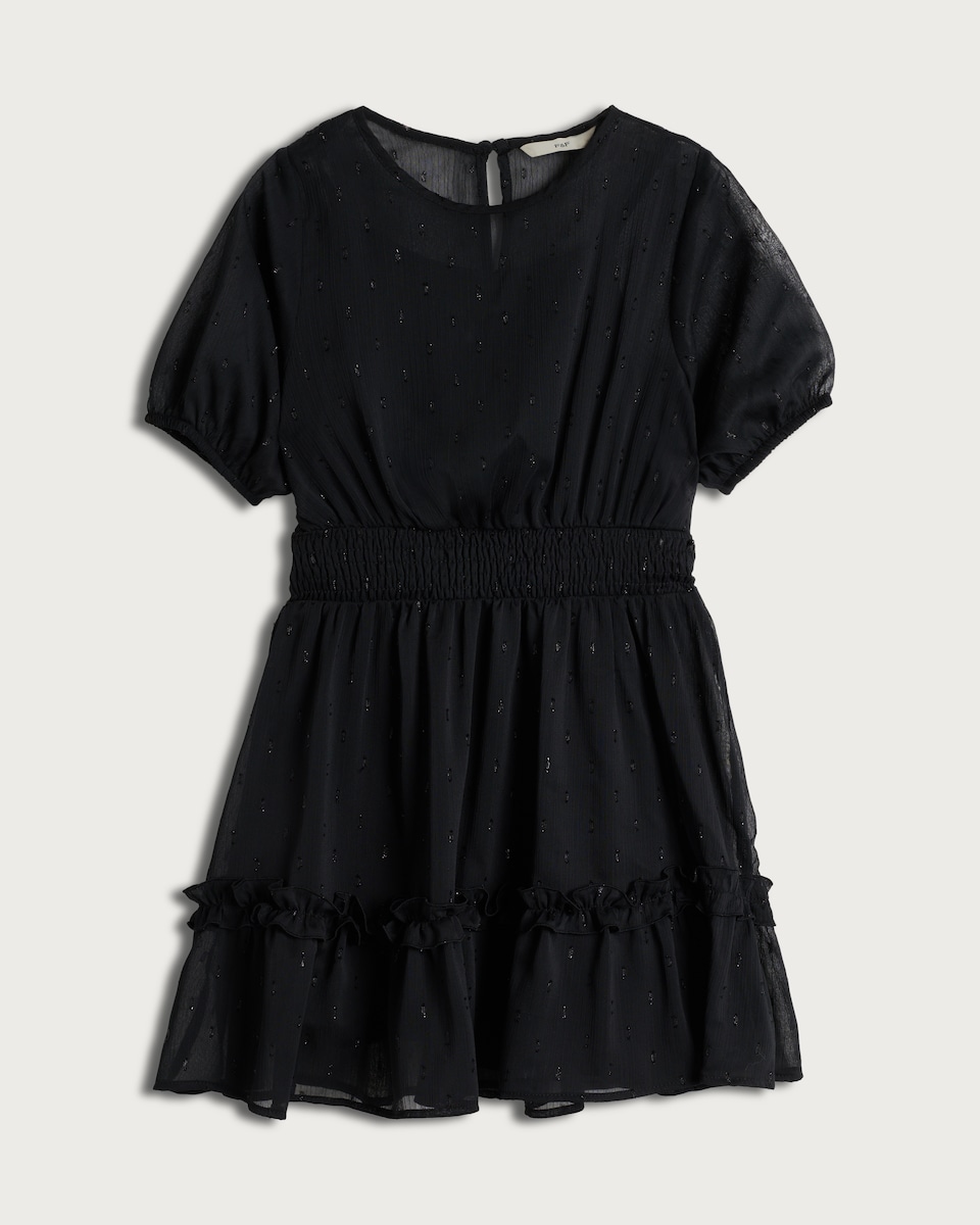 F&F Girls Textured Smocked Waist Short Sleeved Dress in Black