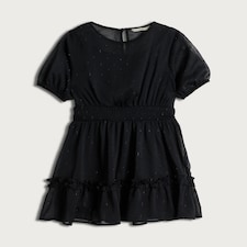 F&F Girls Textured Smocked Waist Short Sleeved Dress in Black