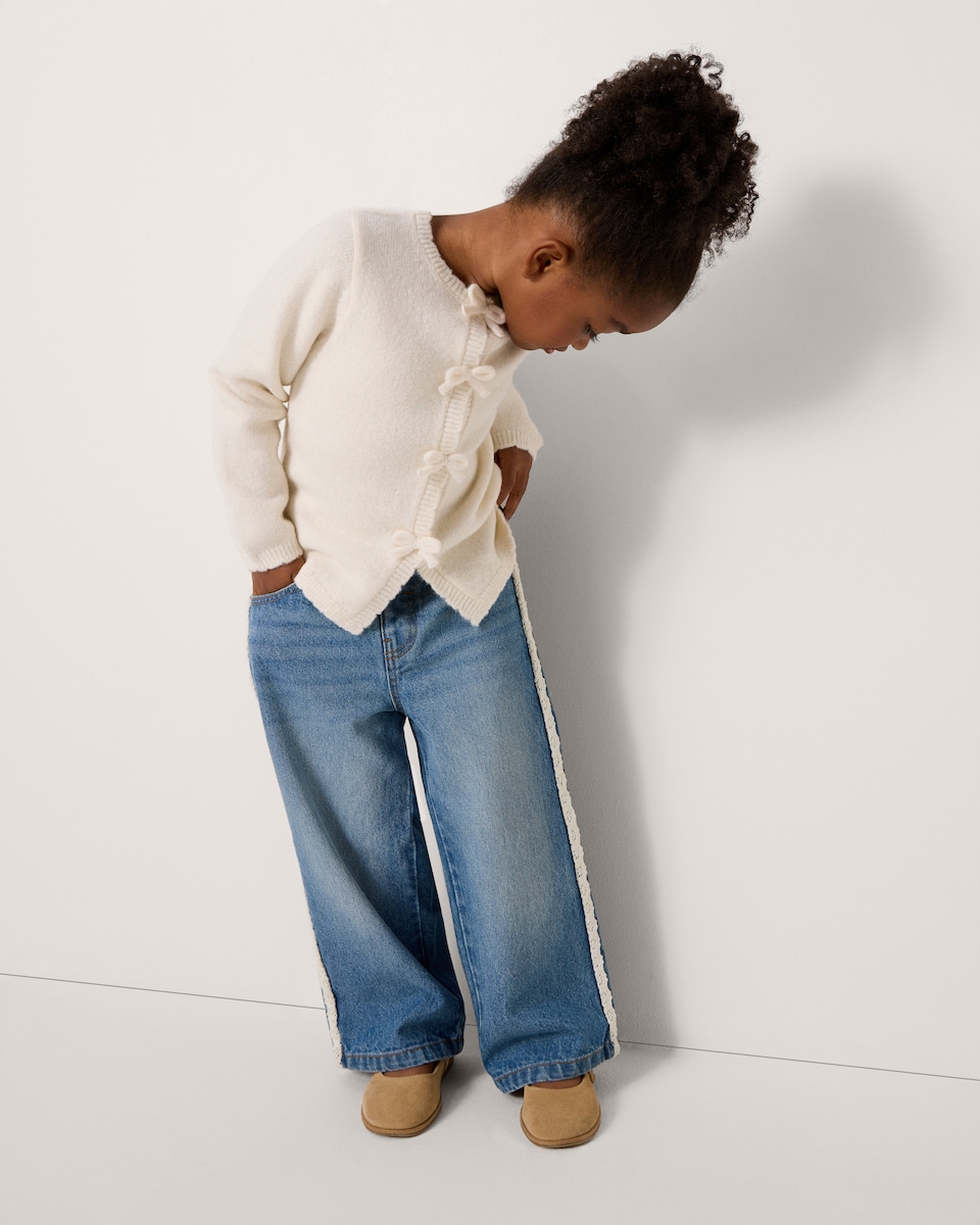image 1 of F&F Girls Bow Detail Cardigan in Neutral