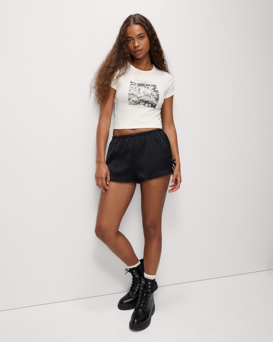 image 1 of OH ME OH MY Satin Lace Trim Shorts in Black