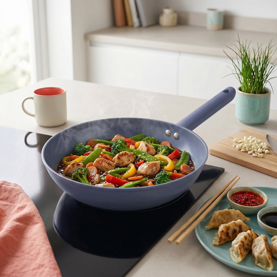 image 1 of Progress Mellow Blue Non-Stick 28cm Stirfry Pan
