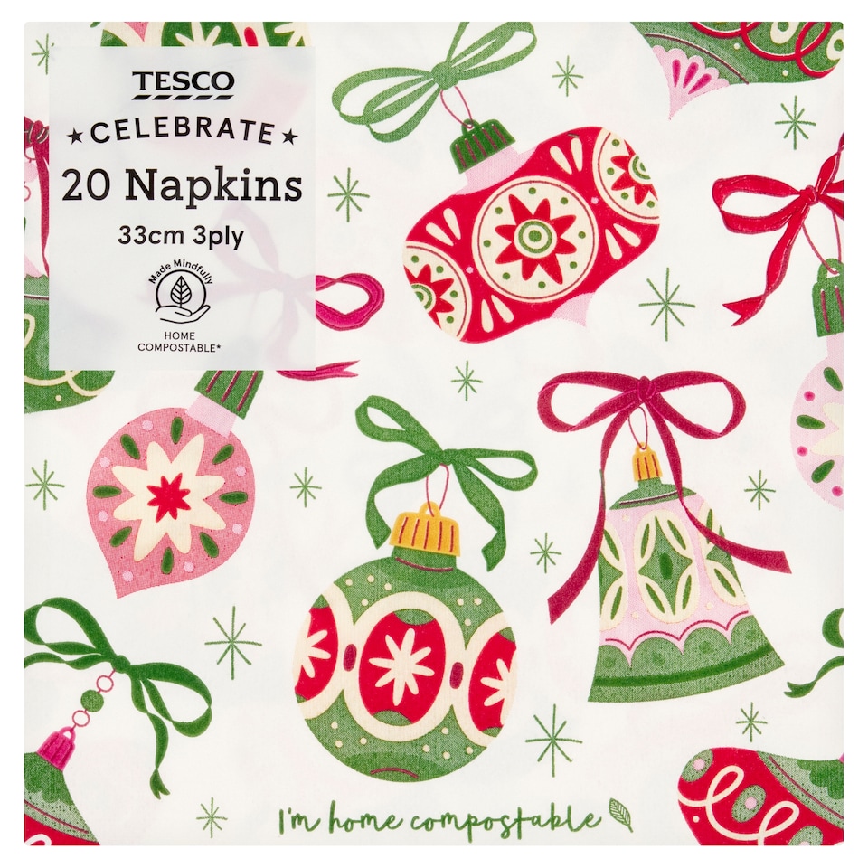 Tesco Festive Bell Christmas Napkins 33cm 3Ply 20 Pack
