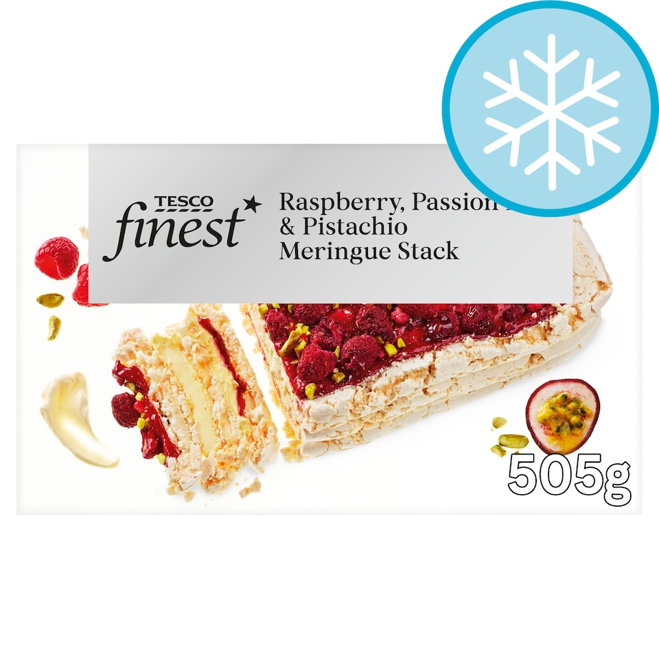 Tesco Finest Raspberry, Passion fruit and Pistachio Meringue Stack 505g
