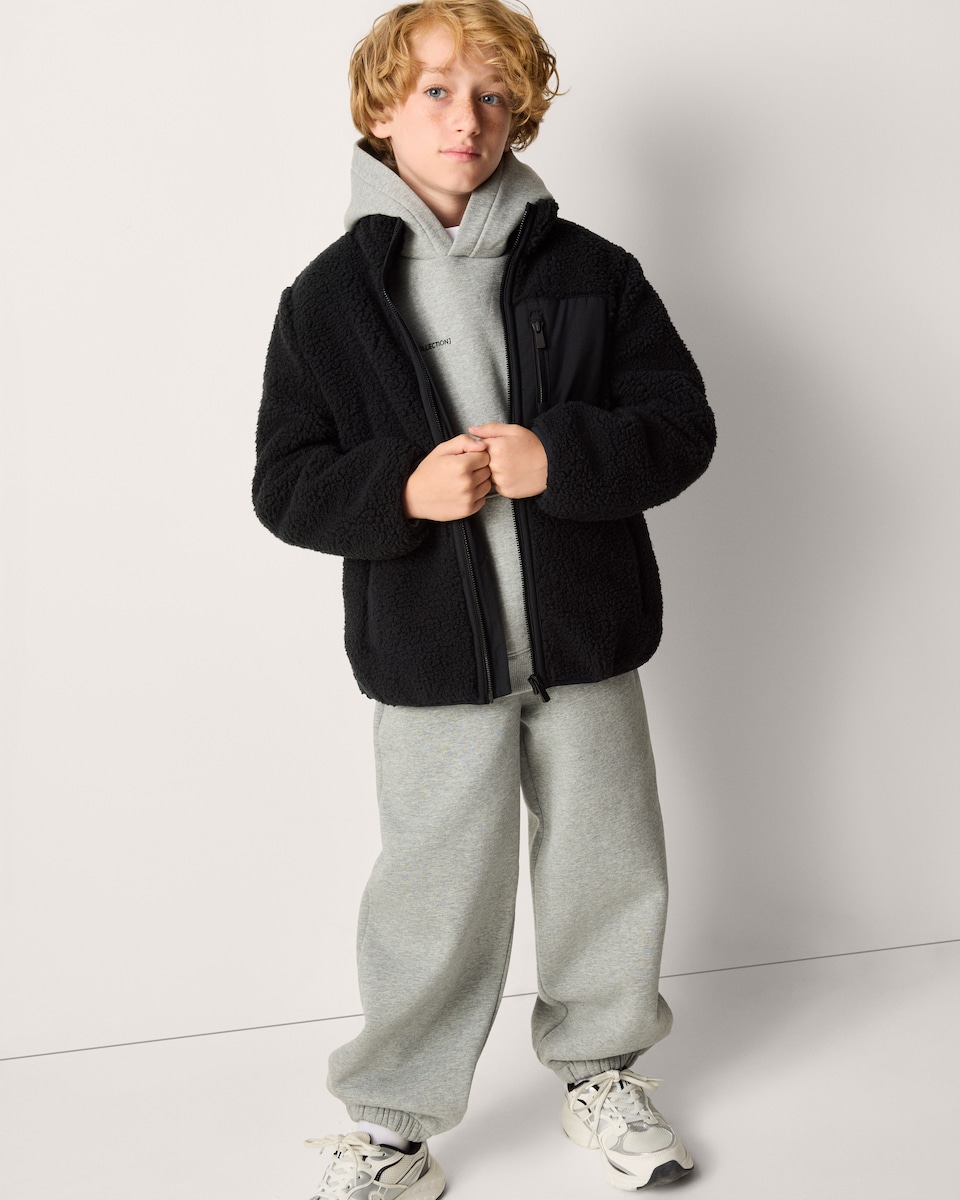 image 1 of F&F Boys Borg Funnel Neck Jacket in Black