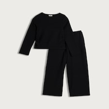 F&F Girls 2-Piece Crinkle Textured Long Sleeved Top and Trousers Set in Black