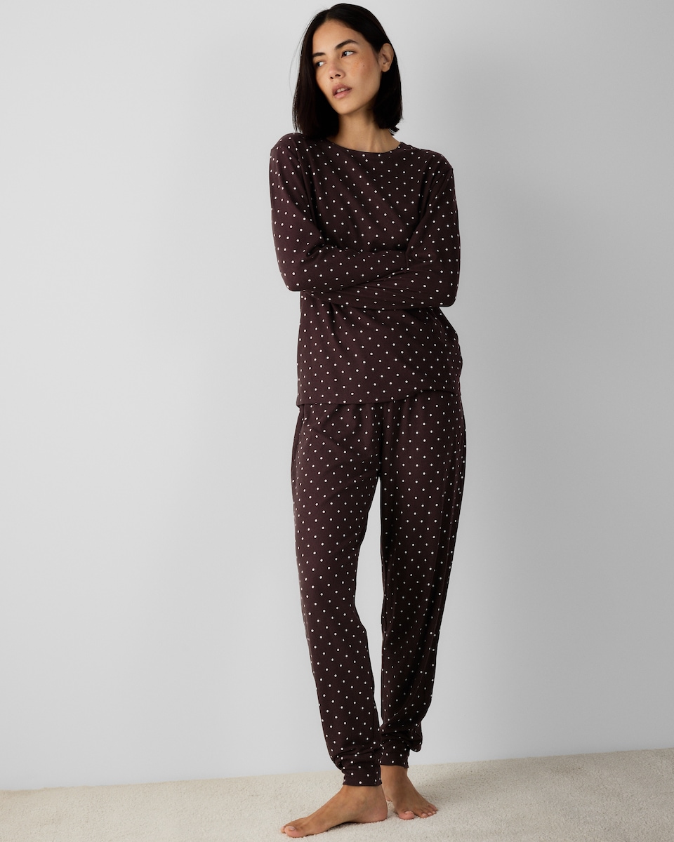 image 1 of F&F Brushed Polka Dot Pyjama Set in Burgundy