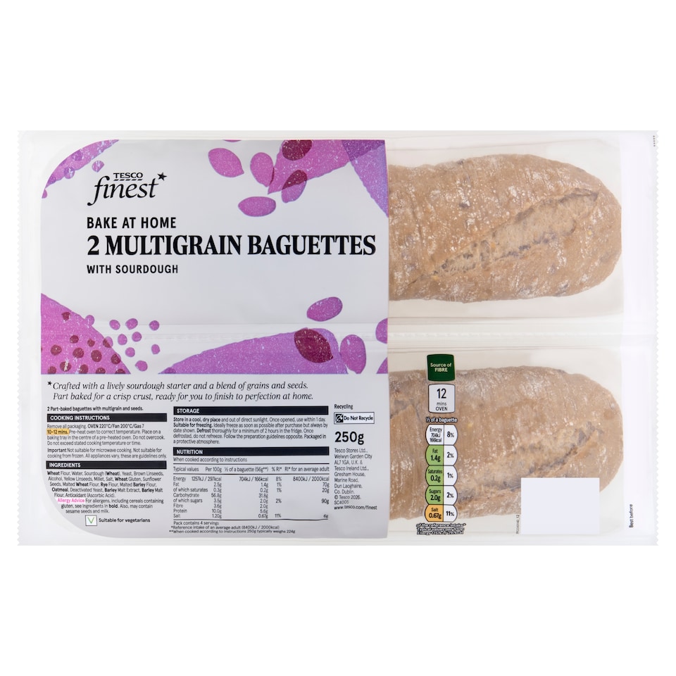 Tesco Finest Multigrain Part Baked Baguettes with Sourdough 2 Pack 250g