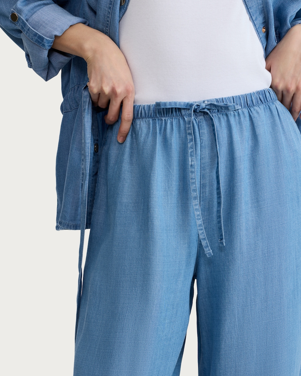 image 1 of F&F Pure Lyocell Wide Leg Drawstring Co-ord Trousers in Blue