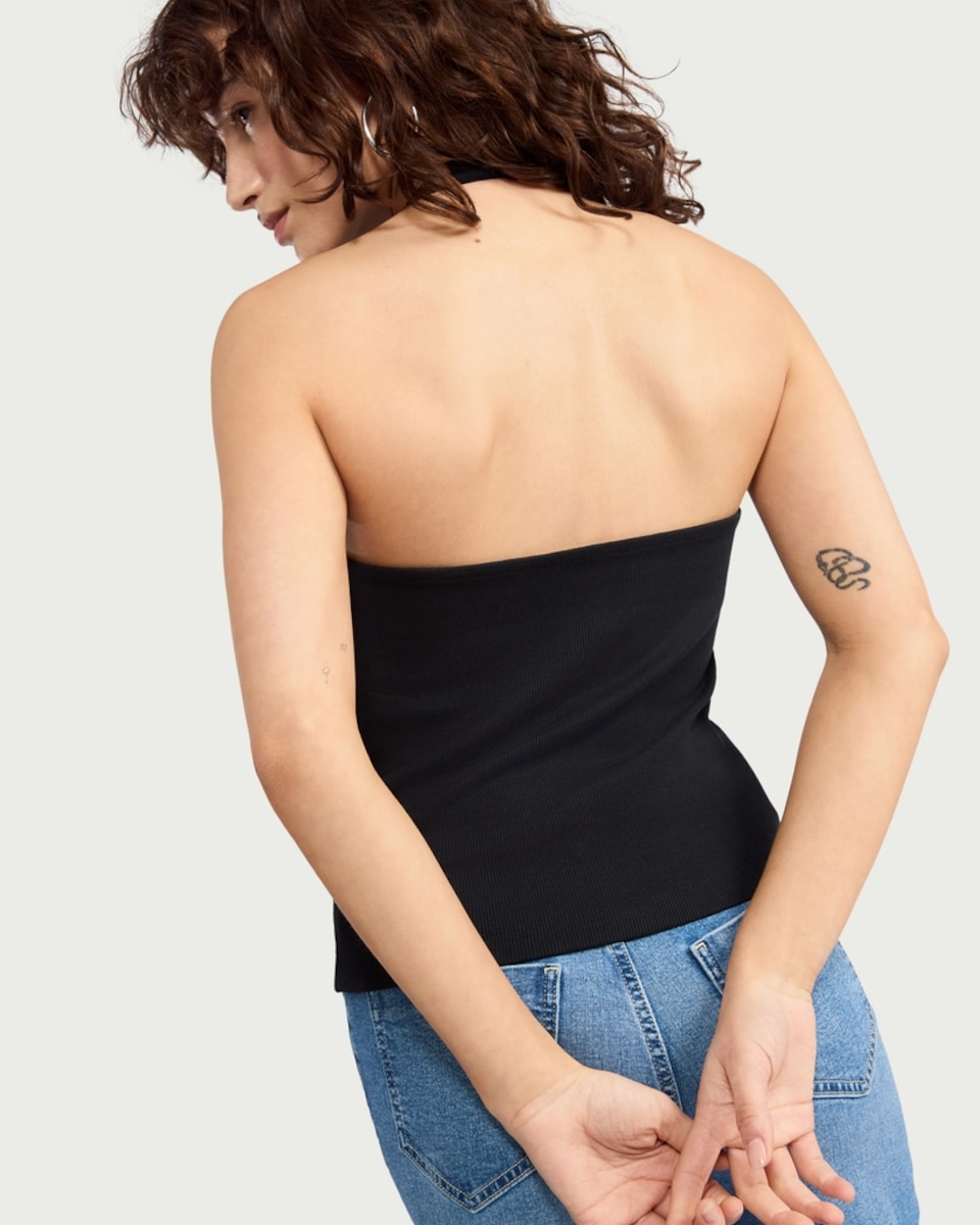 image 1 of F&F Cotton Rich Ribbed Halterneck Top in Black