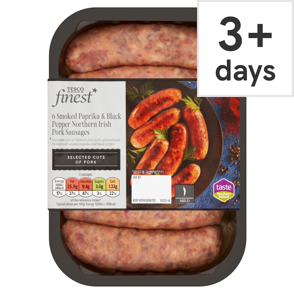 Tesco Finest 6 Smoked Paprika and Black Pepper Northern Irish Pork Sausages 400g