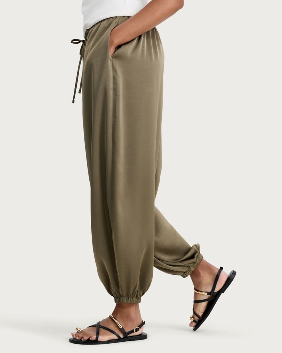 image 1 of F&F Satin Balloon Leg Drawstring Trousers in Khaki