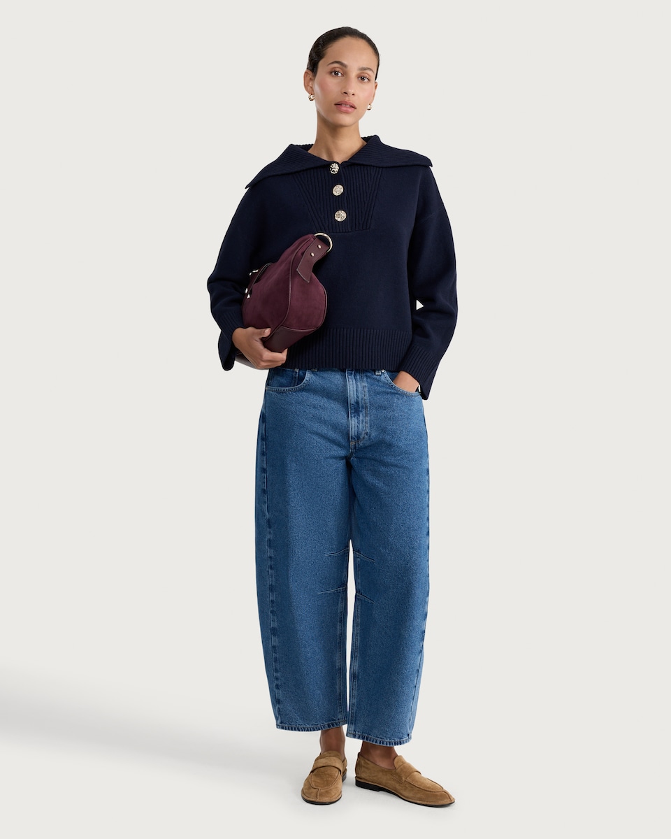 image 1 of F&F Knitted Ribbed Collar Button Jumper with Wool in Navy