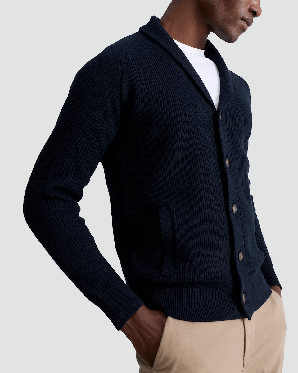 image 1 of F&F Knitted Shawl Collar Button Up Cardigan with Cotton in Navy