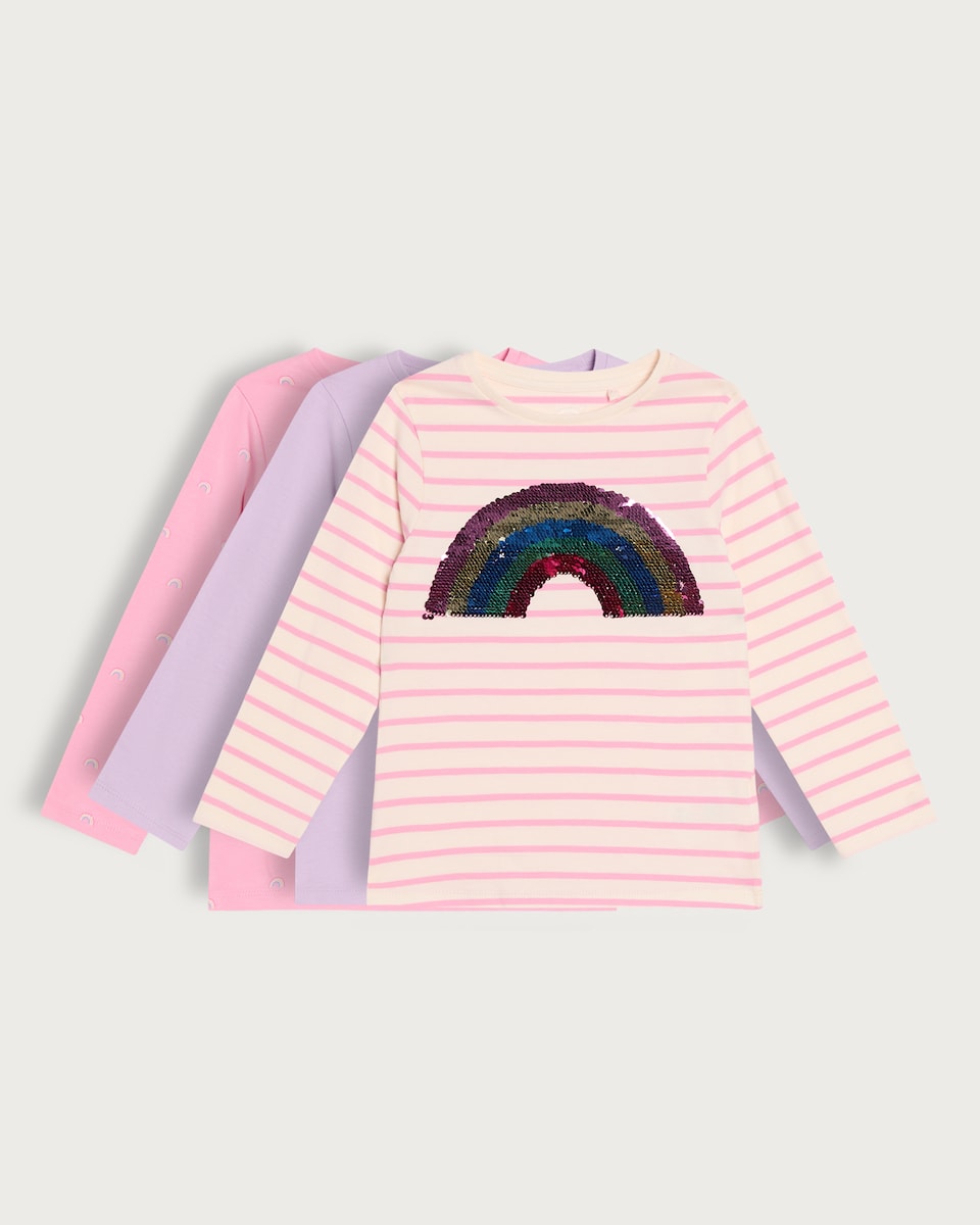 image 1 of F&F Girls 3-Pack Pure Cotton Rainbow Sequin Long Sleeved Tops in Multi