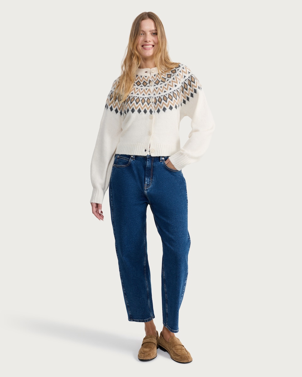 image 1 of F&F Knitted Fair Isle Pattern Cardigan with Wool in Neutral