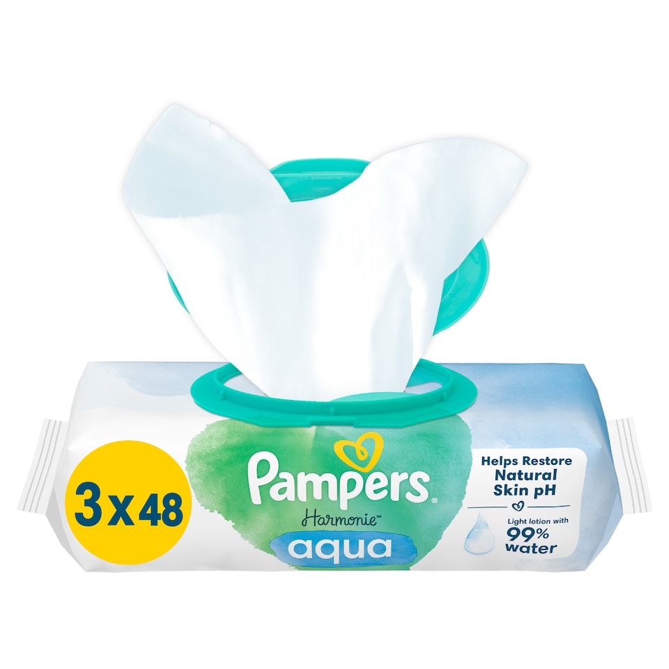 Pampers Harmonie Aqua Nedves Törlőkendő, 3 Csomag = 144 db Törlőkendő  1. kép