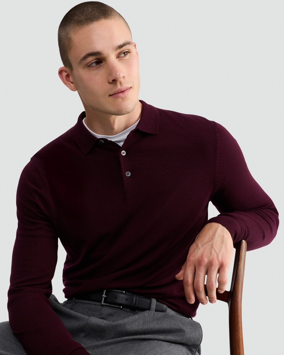 image 1 of F&F Pure Merino Wool Long Sleeved Polo Shirt in Burgundy