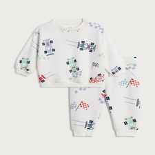 F&F Baby 2-Piece Cotton Rich Racing Car Print Sweatshirt and Joggers Set in White