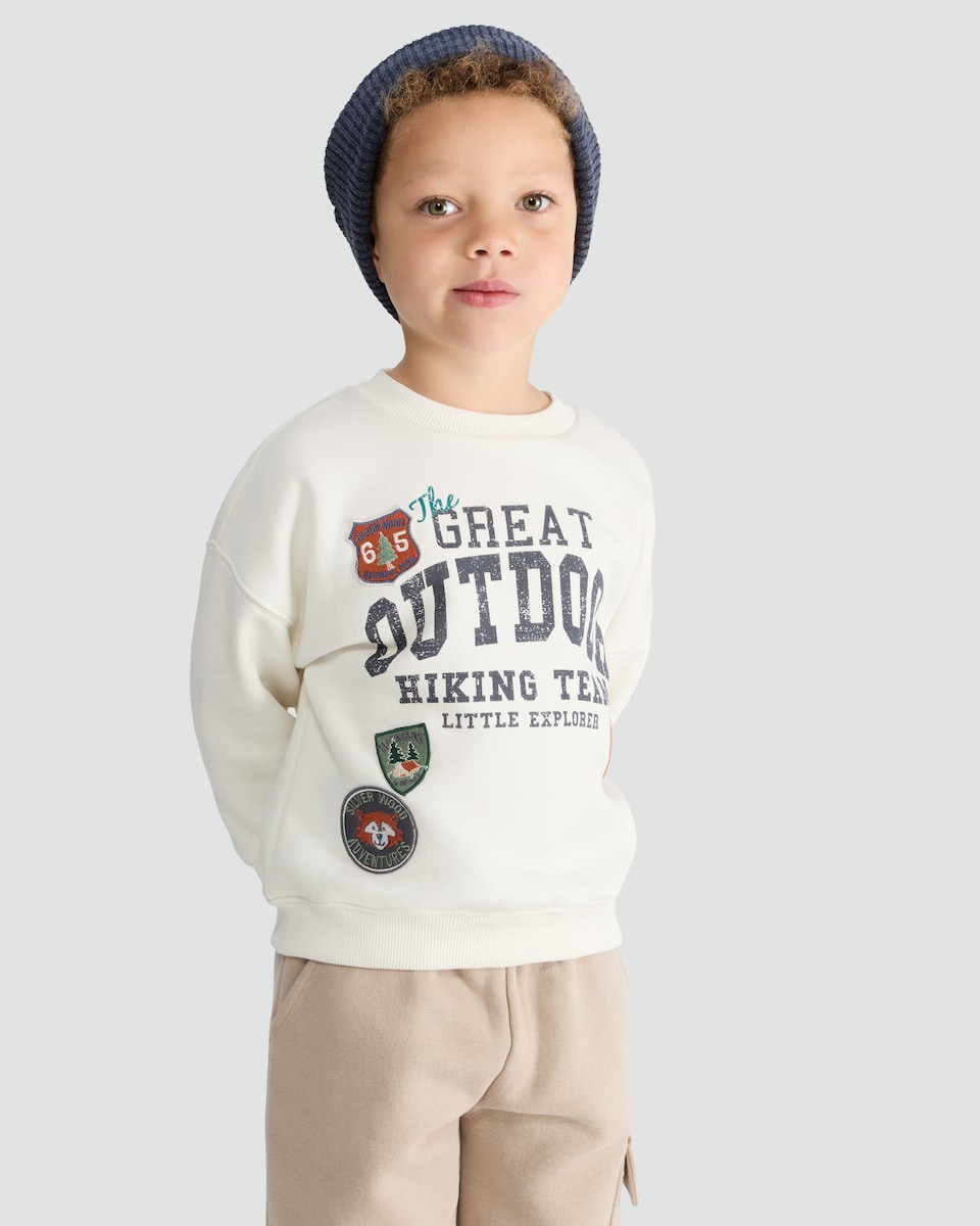 image 1 of F&F Boys Cotton Rich Great Outdoor Slogan Sweatshirt in Cream