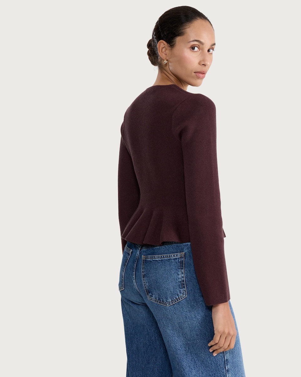 image 1 of F&F Peplum Hem Buttoned Cardigan in Burgundy