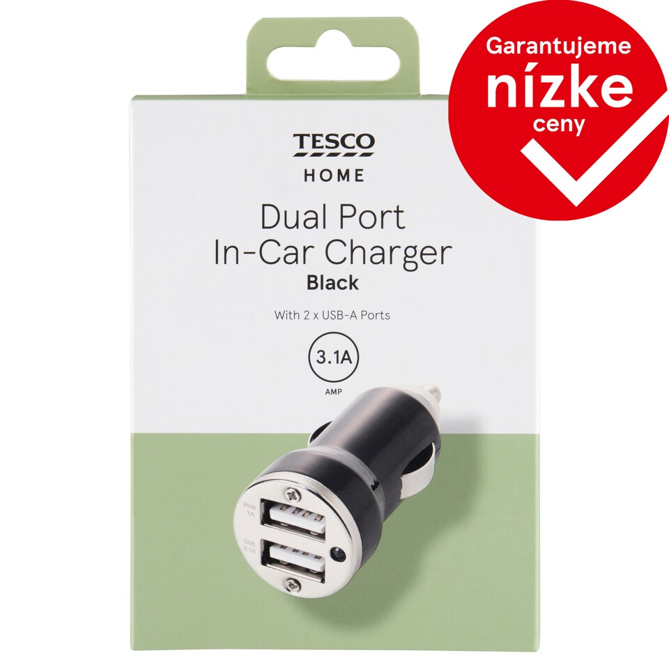 Tesco Home Dual Port In-Car Charger Black with 2 x USB-A Ports 3.1A
