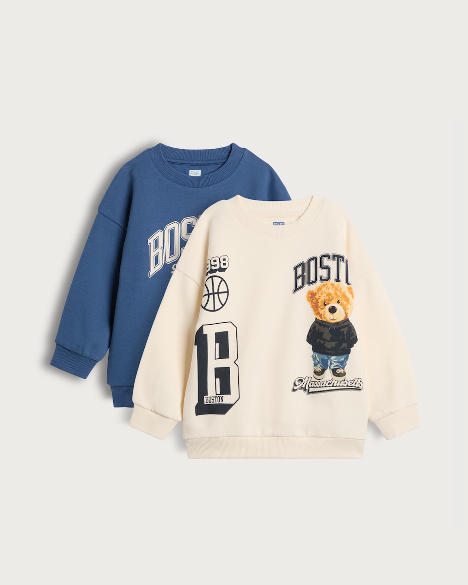 image 1 of F&F Boys 2-Pack Cotton Rich Boston Teddy Sweatshirts in Cream