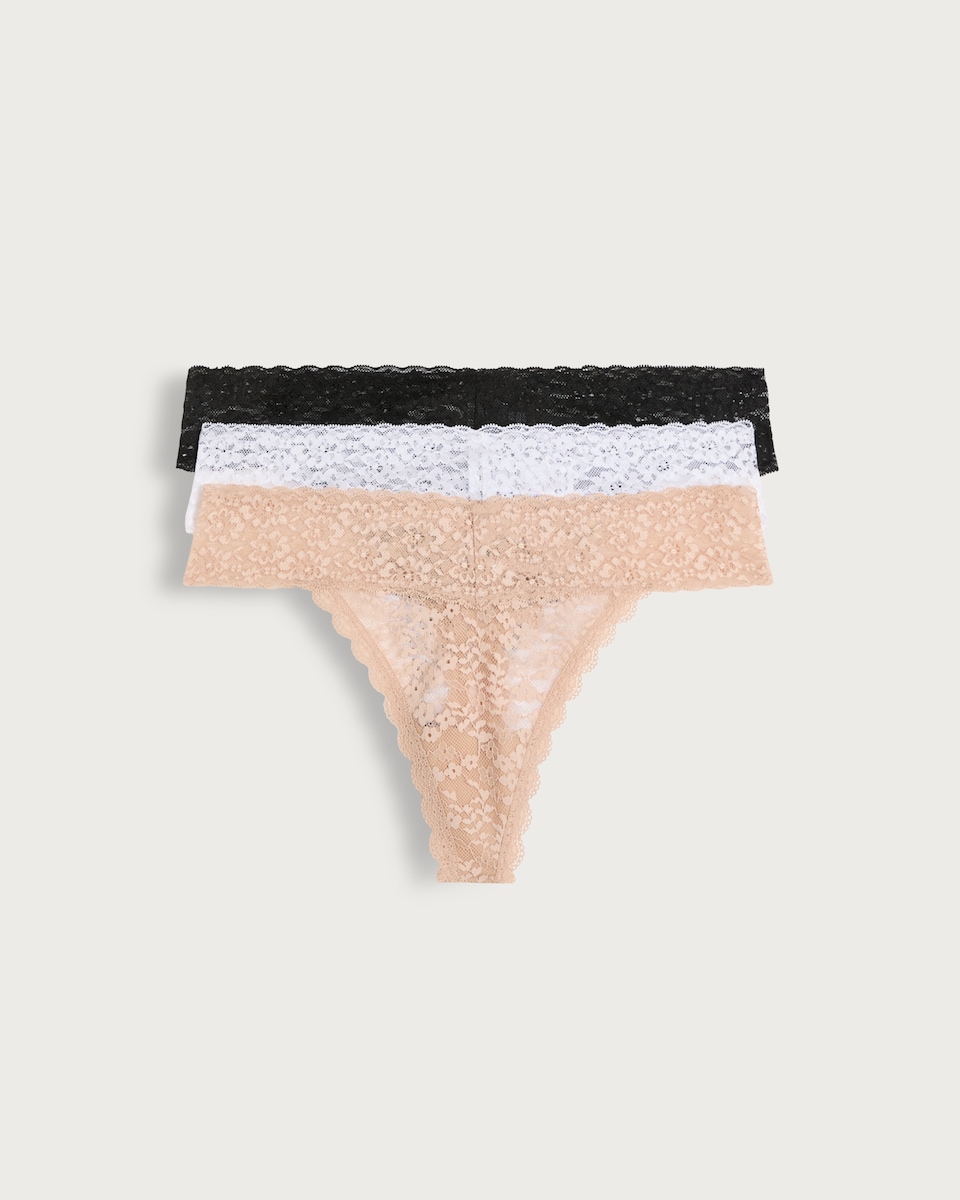 image 1 of F&F 3-Pack Lace Thongs in Multi Black White