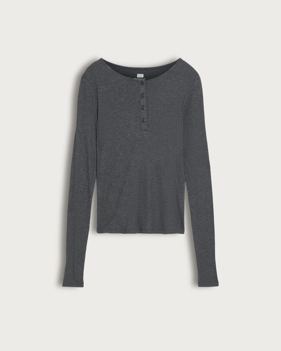 F&F Ribbed Long Sleeved Henley Pyjama Top in Grey