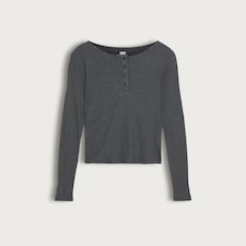 F&F Ribbed Long Sleeved Henley Pyjama Top in Grey